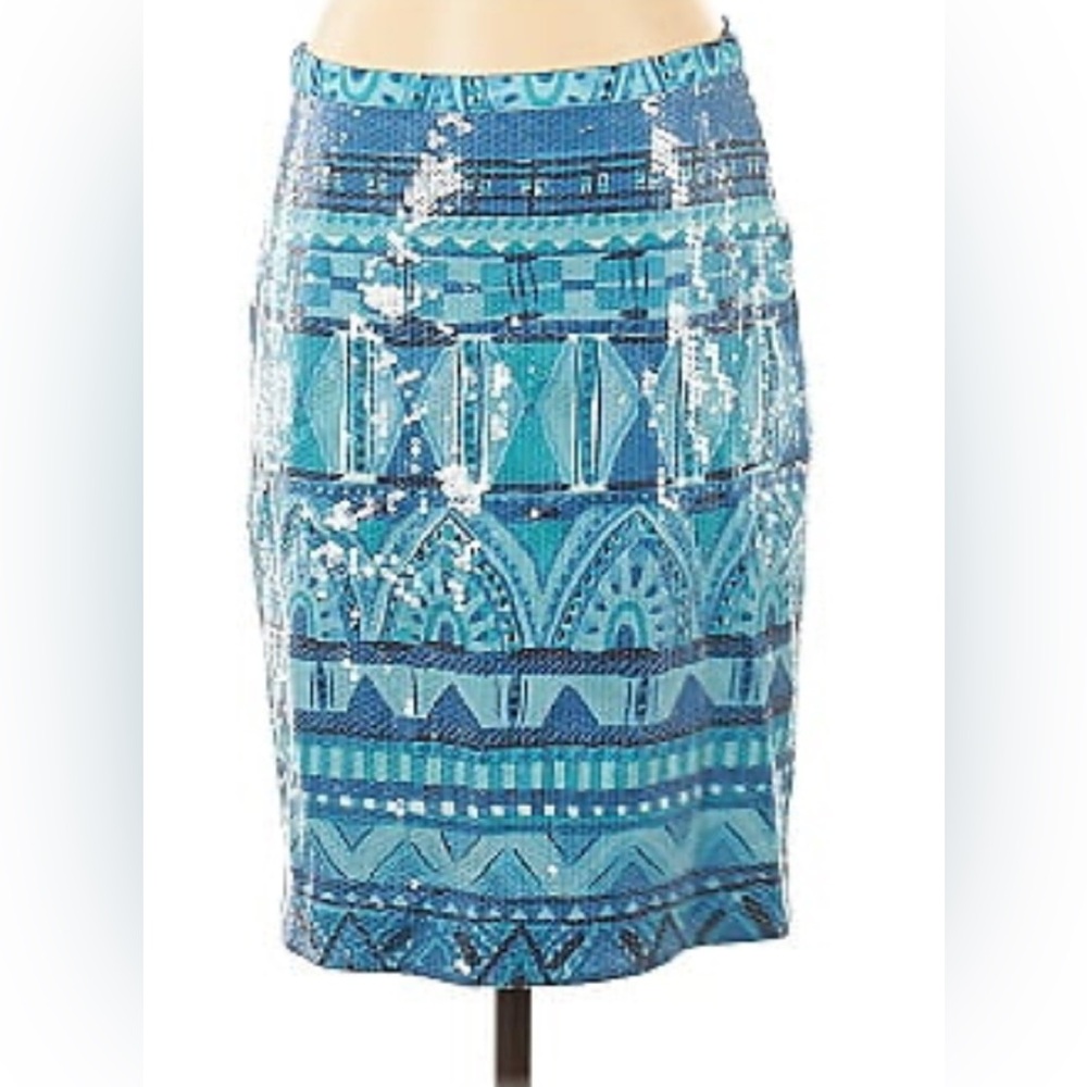 ETCETERA Blue Sequins Art Deco Festival Pencil Lux Skirt Size 6 EUC